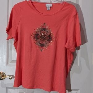Plus size 3XL studio works coral sequin t shirt